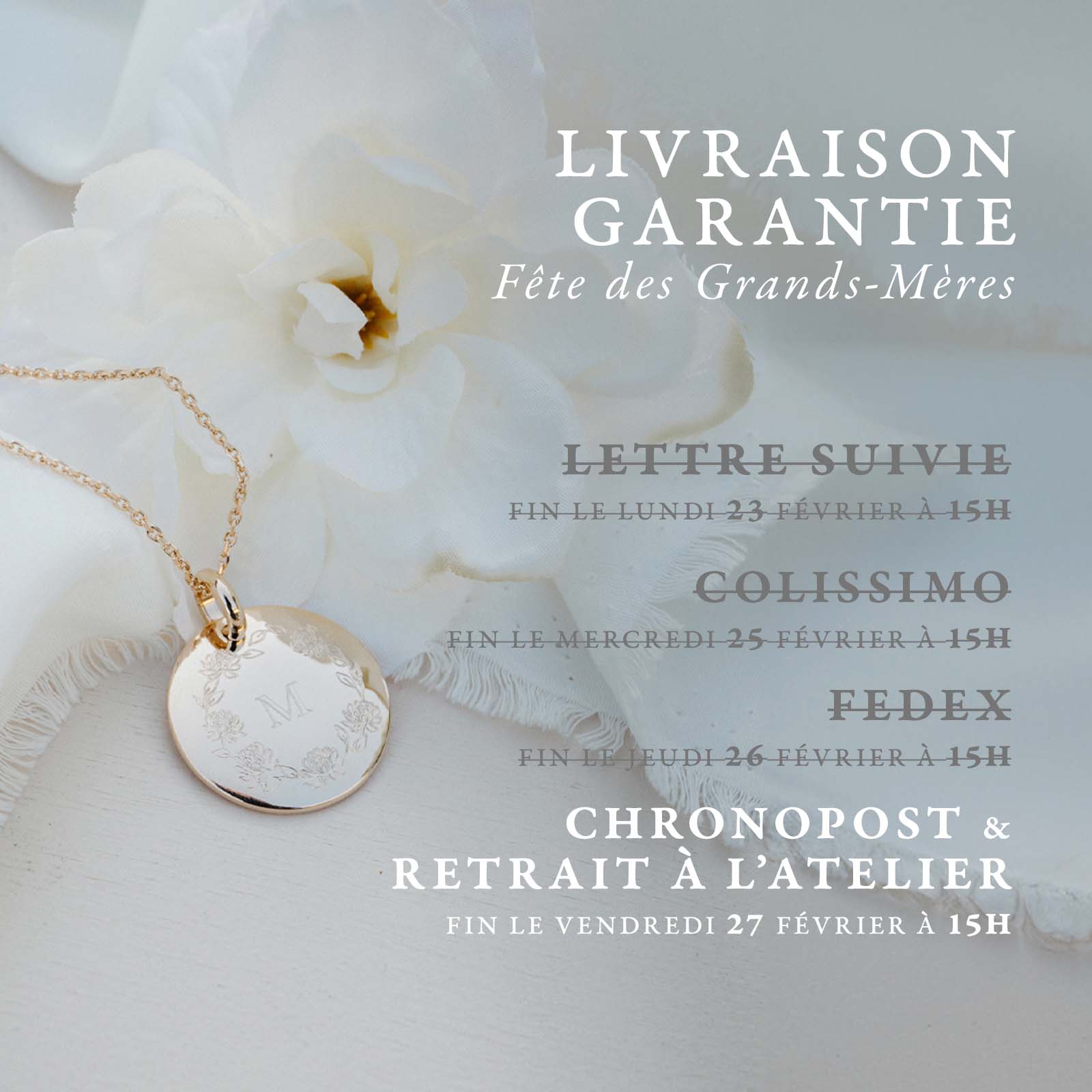 Délais de livraison Fête des Grands-mères 2026 - Retrait atelier