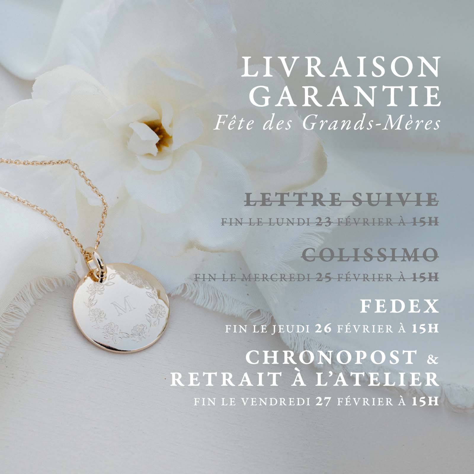 Délais de livraison Fête des Grands-mères 2026 - Fin Colissimo