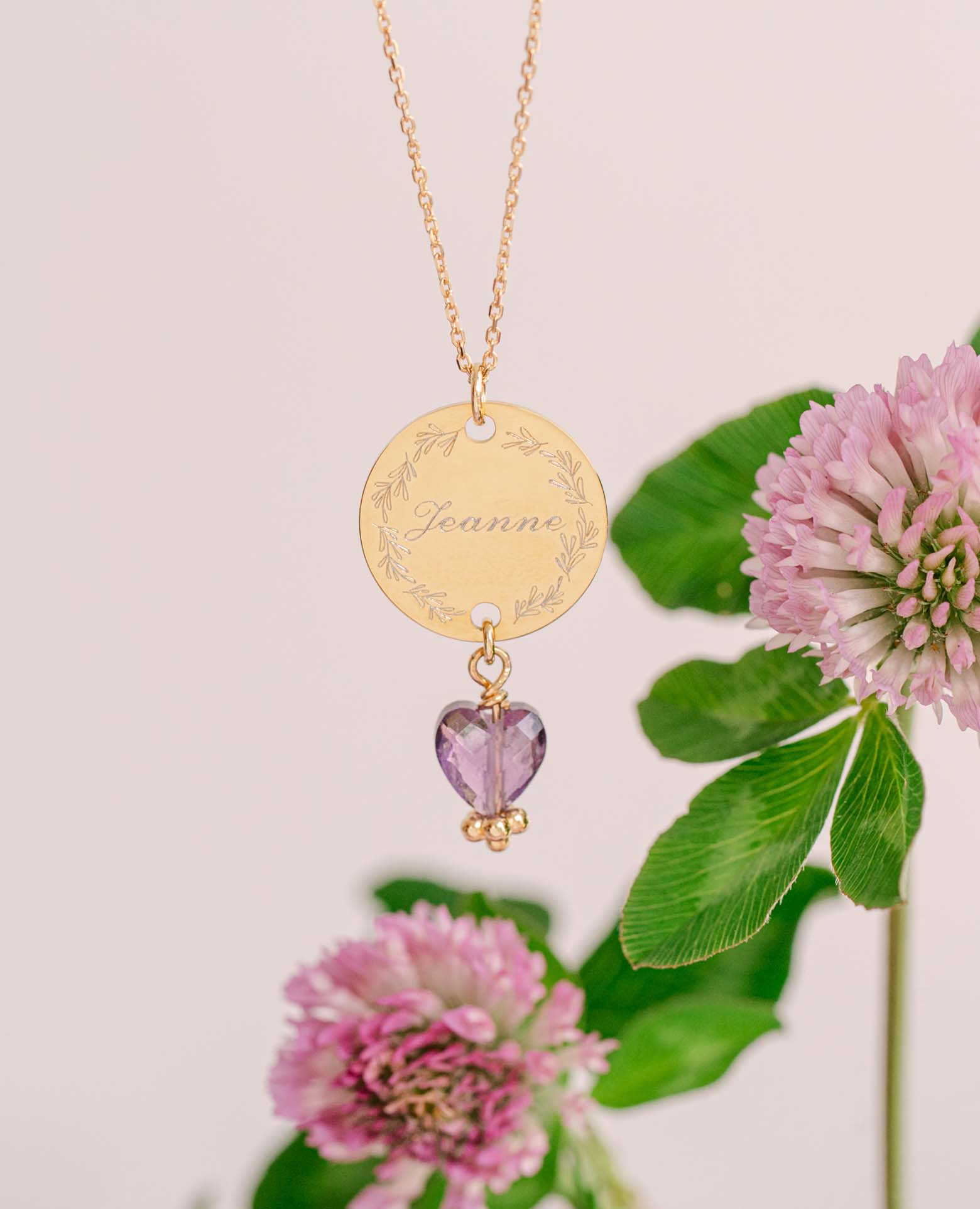 Collier médaille inox + coeur améthyste