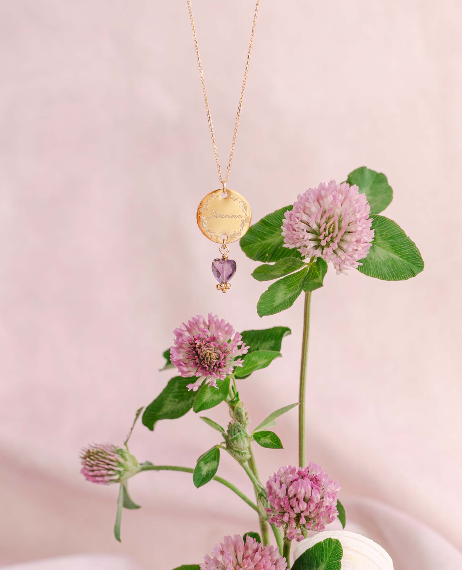 Collier médaille inox + coeur améthyste