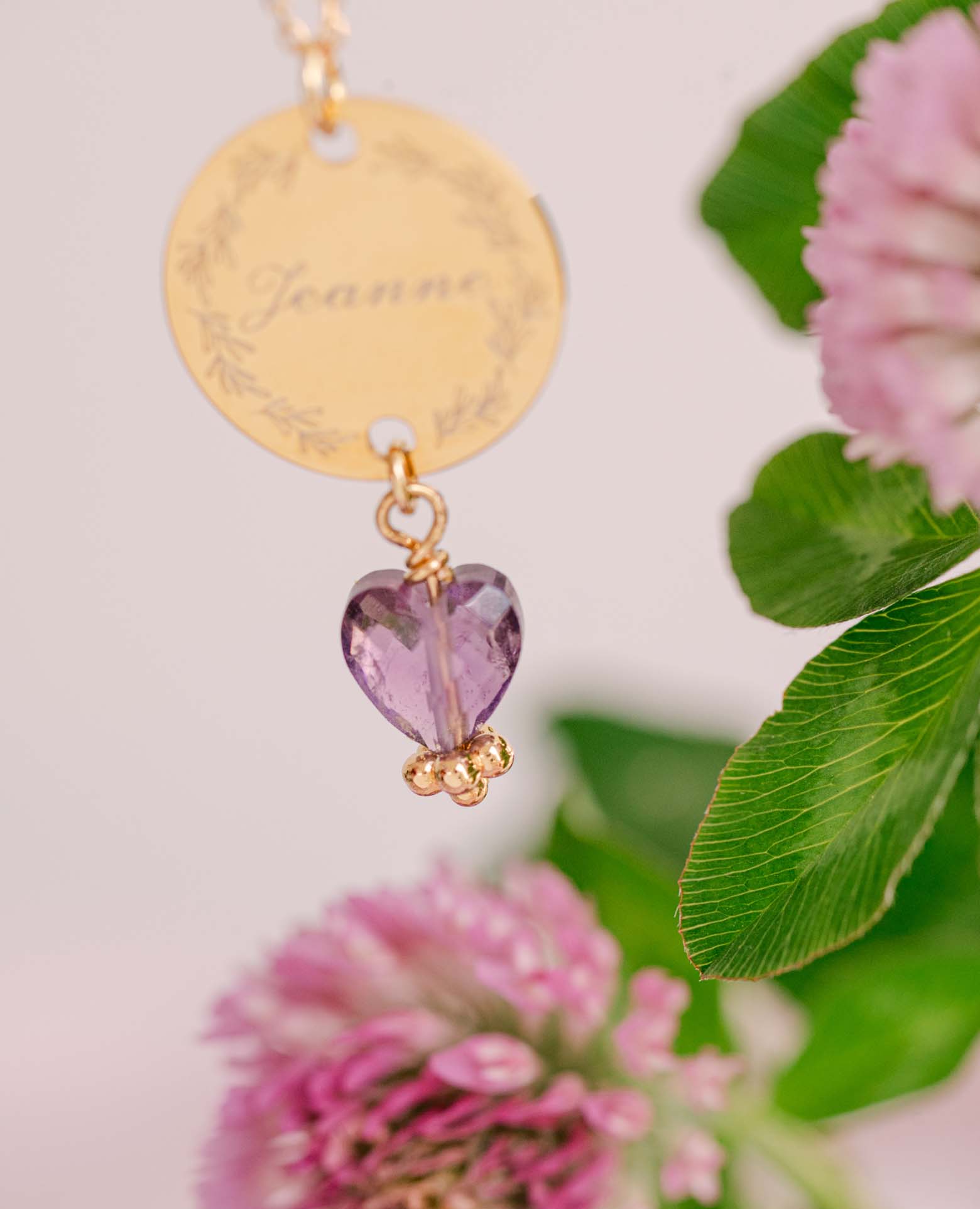 Collier médaille inox + coeur améthyste