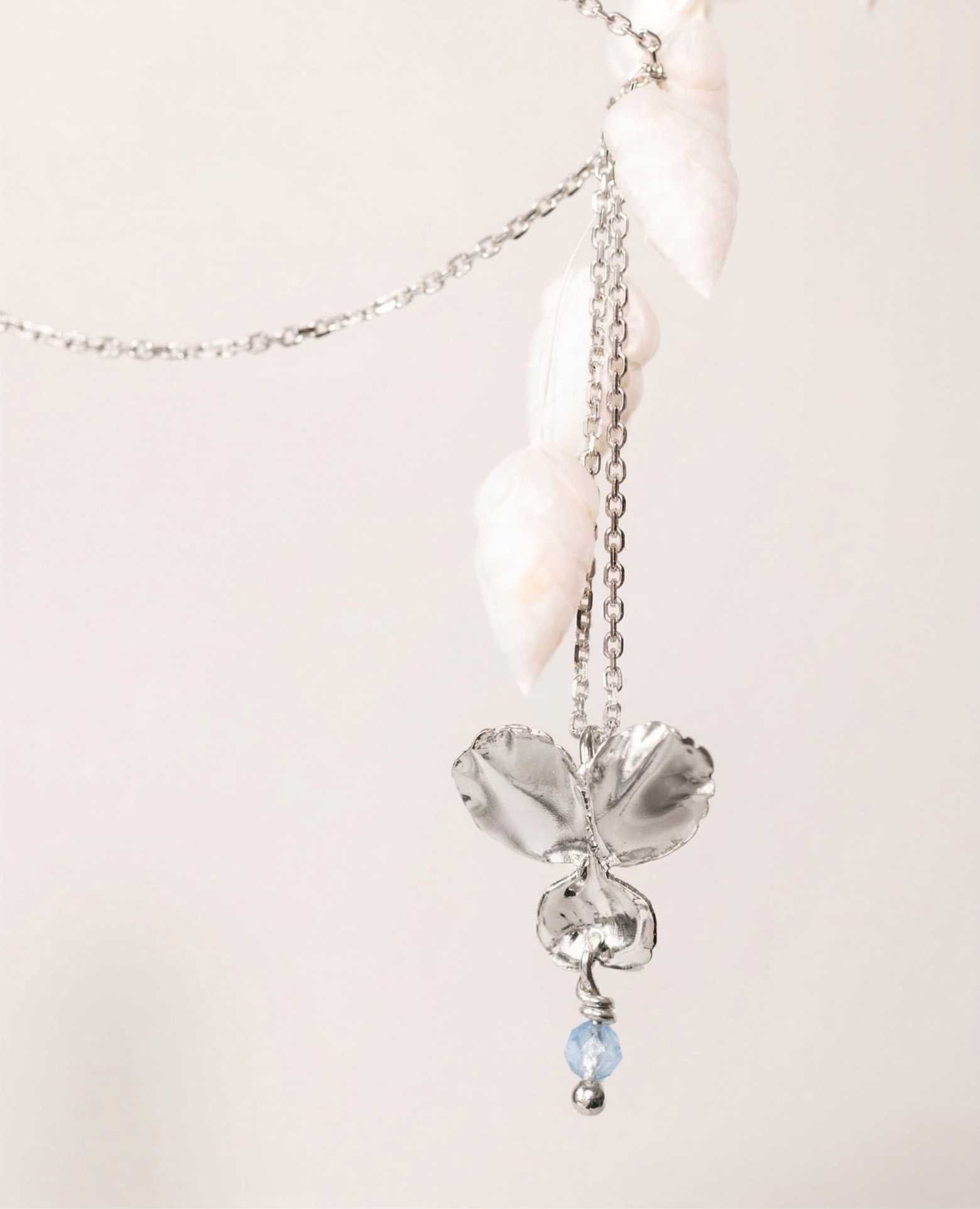 Collier fleur <i>Pensée</i> de naissance Aigue-mar