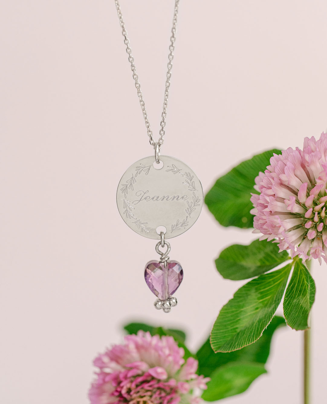 Pendentif personnalisé inox coeur Améthyste argent