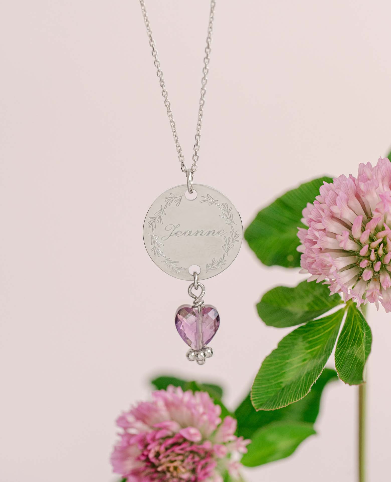 Pendentif personnalisé inox coeur Améthyste argent