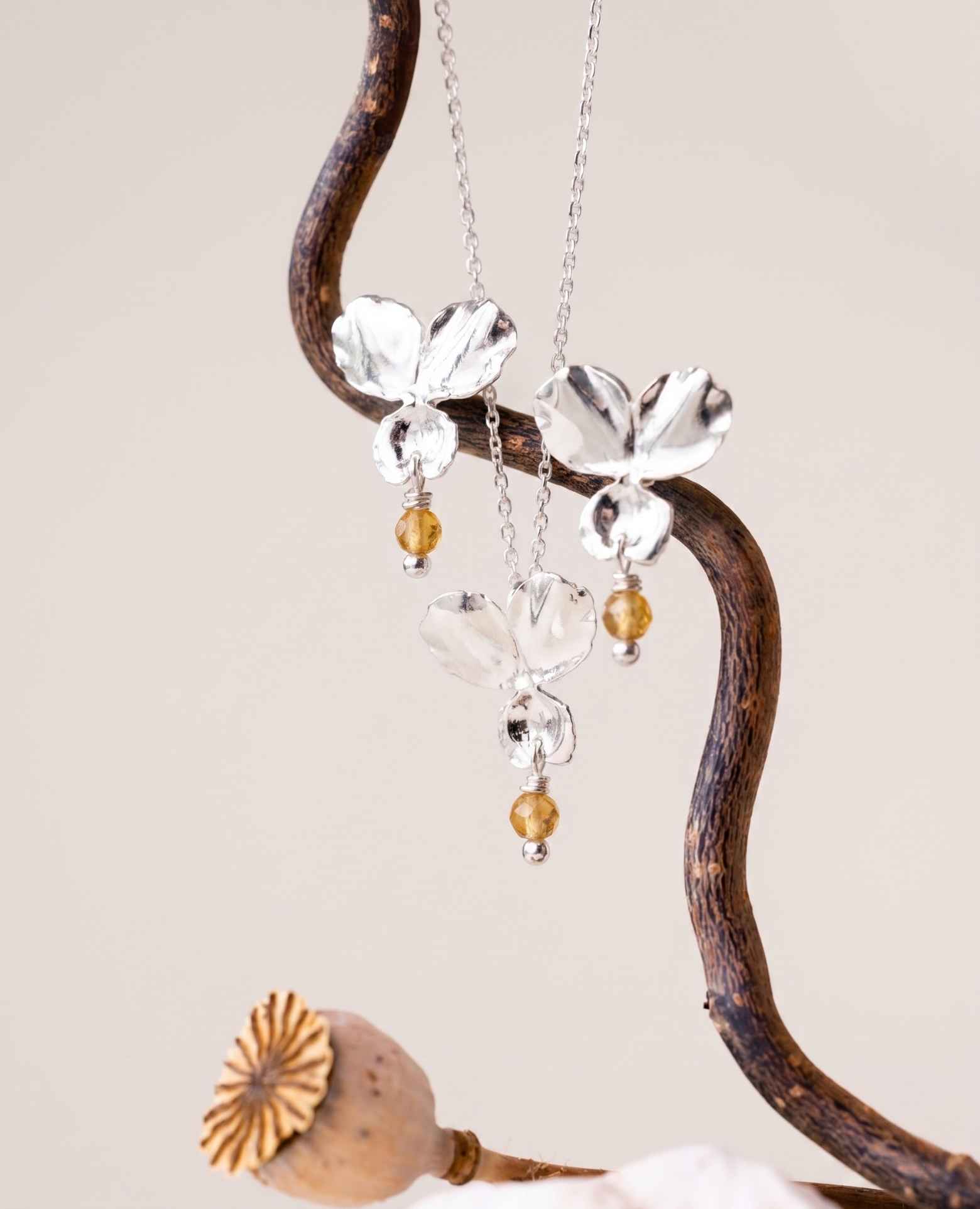 Boucles d'oreilles Citrine et <i>Pensée</i>