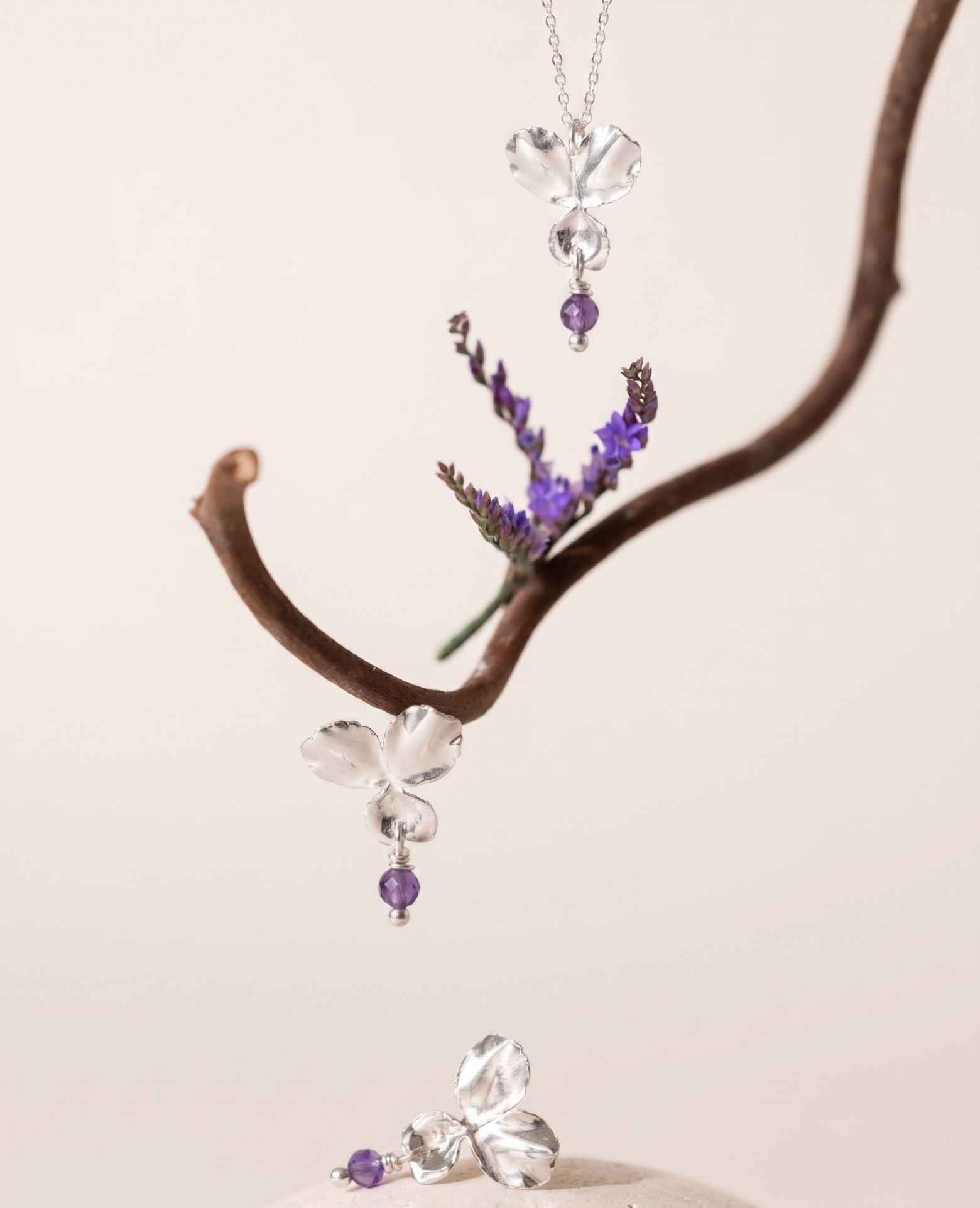 Boucles d'oreilles Améthyste et Pensée