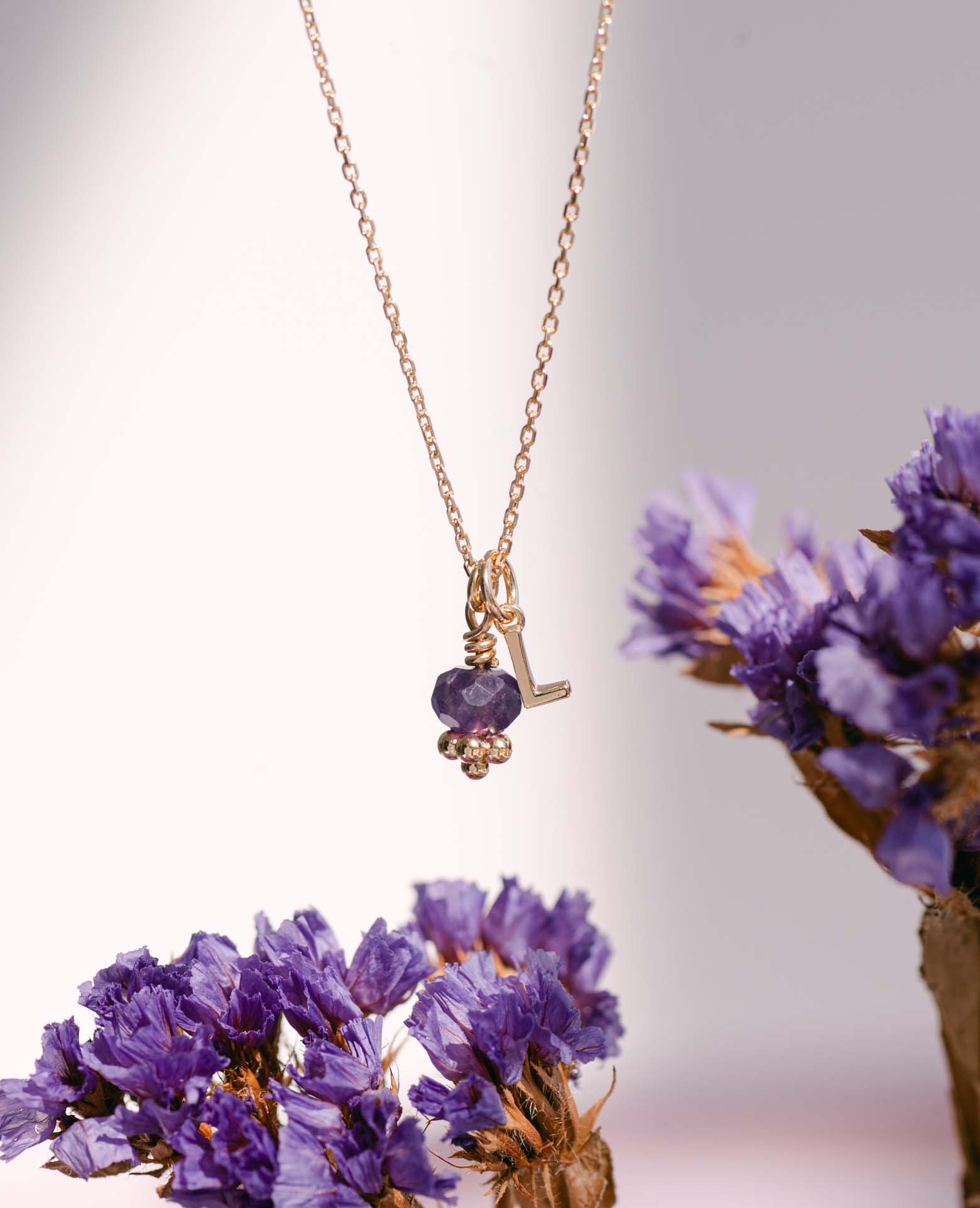 Collier initiale + rondelle 4x6 Améthyste