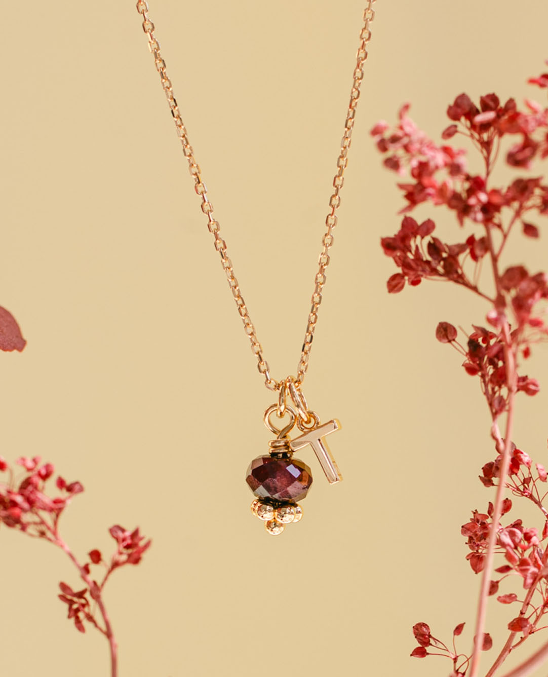 Collier initiale + rondelle 4x6 Grenat