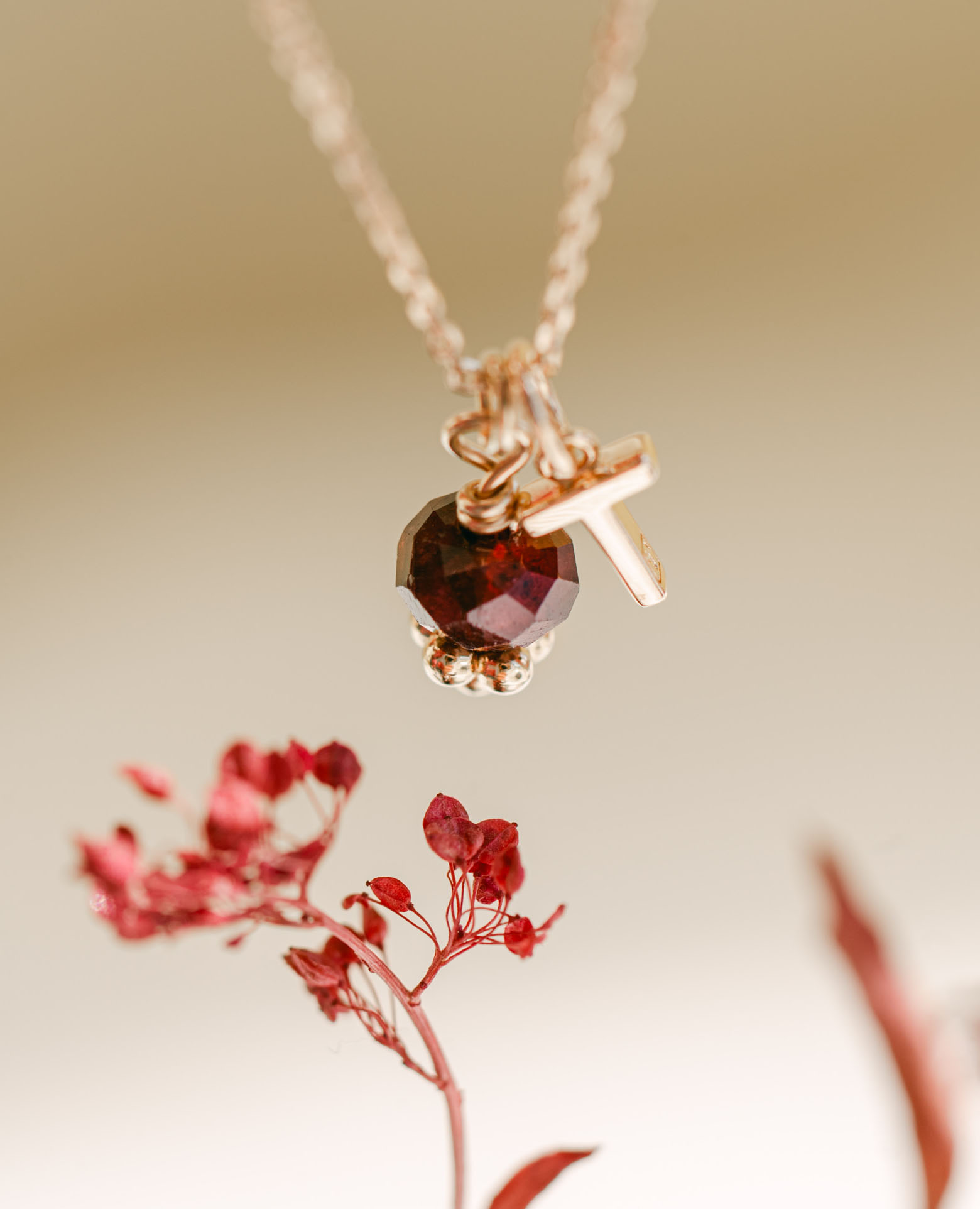 Collier initiale + rondelle 4x6 Grenat